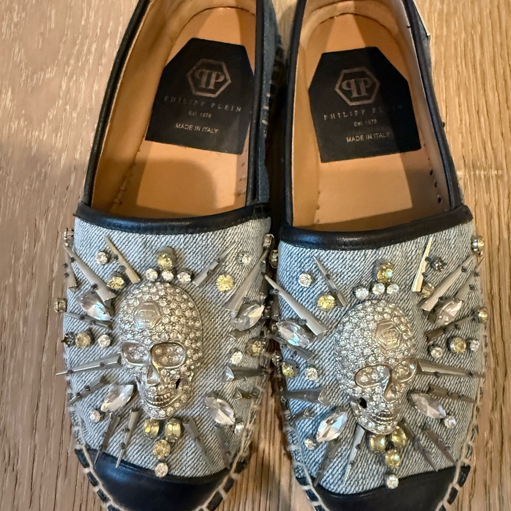 Philipp Plein Denim Embellished Skull and Crystal Loafers